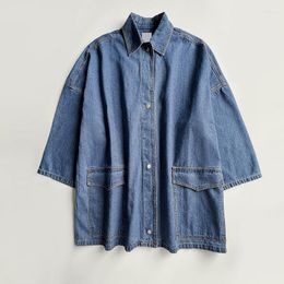 Women's Blouses SuperAen Wide Sleeve Loose Denim Shirt Retro Big Pocket Coat Long Tops