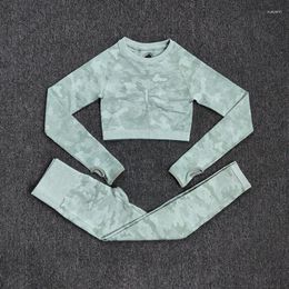 Active Sets 2 Piece Camouflage Yoga Set Women Seamless Fitness Clothing Sport Long Sleeves Tops Gym Leggings Pants Suit Workout Sportswear