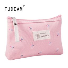 FUDEAM Flower Print Canvas Women Makeup Bag Toiletries Organize Zipper Bag Travel Wash Pouch Cosmetic Bag Female Make Up Bag
