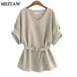 Womens Blouses Shirts 5XL Plus Size Women Cotton Linen Blouse Casual V Neck Big Bow Summer Tops Ladies Short Sleeve Loose Tunic 230726