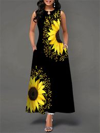 Basic Casual Dresses Summer Dress Women Sunflower Print Sundress Sleeveless Hollow Out O Neck Slim Fashion Big Hem Black Long Dress Vestidos 230725
