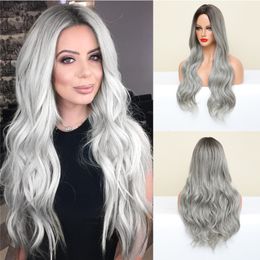 Synthetic Wigs Long Wavy Silver Grey Ash Wigs with Highlights Middle Part Synthetic Hair Wigs for Women Cosplay Party Heat Resistant 230725