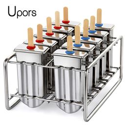 Ice Cream Tools UPORS Stainless Steel Popsicle Mould Rack Lolly Frozen Maker Homemade with Holder 230726