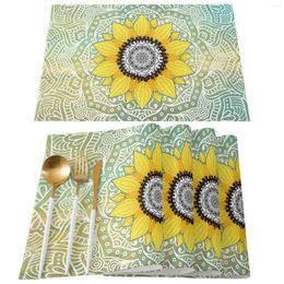 Table Mats Sunflower Mandala Green Placemat For Dining Tableware 4/6pcs Kitchen Dish Mat Pad Counter Top Home Decoration