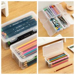 Simple Plastic Pencil Case With Buckled Large Capacity Desktop Storage Box Transparent Mark Pen Stationery School Supplies