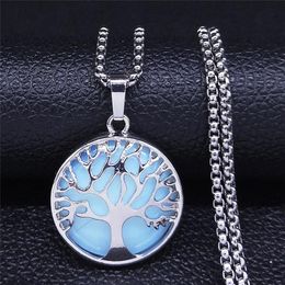 Bohemia Tree Of Life Moonstone Stainless Steel Necklaces Silver Colour Chain Necklace Jewellery Cadenas Mujer NXS04 Pendant276i