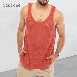 Vests Samlona Plus Size Men Latest Casual Tank Tops Mens Streetwear 2022 Summer Knitted Vest Men's Sleeveless Hollow Out Tshirt