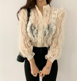 Womens Blouses Shirts Ladies Spring Lace Embroidery Perspective Black Blouse Tops Singlebreasted Sweet Long Sleeve Ruffles Shirt Tees 230726