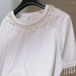 Women's T Shirts Handmade Pearl Collar Beaded Tassel Short-Sleeve White T-shirt Loose Casual Cotton Tshirt Women 2023 Summer Tees