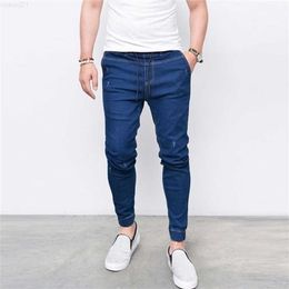 Men's Casual Solid Slim Fit Full Lenght Pencil Pants Plus Size Light Blue Black Denim Jeans for Men Ripped Male Trousers 210318 L230726