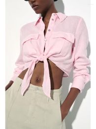 Women's Blouses Pink Knot Shirts For Women Cropped All-Match Shirt Woman Long Sleeve Lapel Top Female Summer Button Up And 2023