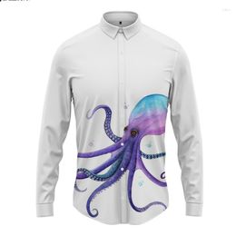 Men's Casual Shirts 2023Spring Autumn Fashion Shirt Octopus 3D Print Long Sleeve Polo Button Personalised Hawaiian Style Top T-shirt