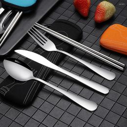 Dinnerware Sets 4Pcs Cutlery Set Spoon Knife Fork Chopsticks Lunch Tableware With Bag Portable Stainless Steel Outdoor