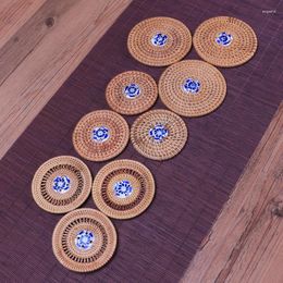 Table Mats 3pcs/lot Creative Coasters Set For Kungfu Tea Accessories Round Blue And White Porcelain Mat Rattan Weave Cup Pad Decoration