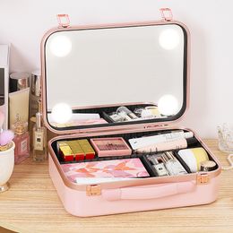 Large Capacity Cosmetic Bag with LED Mirror Skin Care Travel Storage Box Fashion Portable Portable Makeup Bags for Women
