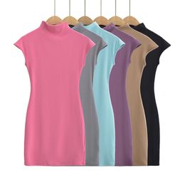 Basic Casual Dresses Mini dresses for women Summer knitted dress sexy vintage clothes black dresses short sleeve turtleneck pink dress bodycon 230725