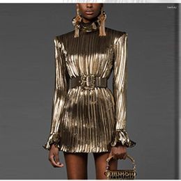 Casual Dresses HIGH STREET Est Fashion 2023 Runway Designer Women's Sparkle Gold Long Sleeve Belted Pleated Party Dress