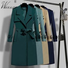 Women's Trench Coats Office Lady Sashes Long Trench Coats Women Spring One Button Lined Solid Colour Windbreaker Fashion Turndown Collar Work Overcoat 230725