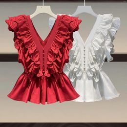 Women's Blouses Korean Summer Women's Sexy V-Neck Hollow Out Ruffles OL Shirt Red Tops Sweet Sleeveless Backless Pullover White