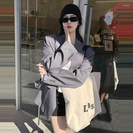 Women's Suits Spring Autumn Women Grey Striped Suit Jacket Loose Korean Long Sleeve Single Buckle Notched Collar Casual Blazers Female