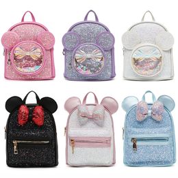 Backpacks Fashion Pu Sequin Bow Backpack Children Kindergarten Cute Cartoon Small Class Anime School Bag Gift For Girls 230725