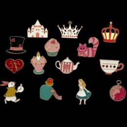 New Cute Cat Castle Hat Rabbit Cake Crown Watch Teapot Alice Metal Enamel Brooch Pin Accessories WholesaleZZ