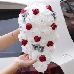 Dried Flowers Big Long Waterfall Wedding Bouquets for Bride and Bridesmaid PE Rose Rhinestones Hand Flower Party Decoration W330PE 230725