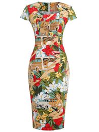 T-shirt Slim Vintage 50s Party Dress Women Short Sleeve Office Ol Midi Dress Summer Vestidos Floral Print Rode De Tail Bodycon Dress