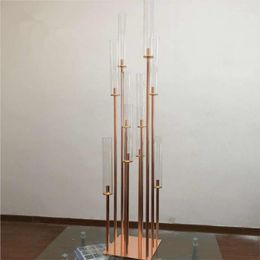 Candle Holders Square Base 10 Arms Gold Metal Poles With Clear Acrylic Tubes Candelabra Wedding Centerpieces AB0021