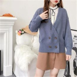 Women's Knits Women Cardigan Sweater V Neck Solid Loose Knitwear Double Breasted Casual Knitted Tops Yellow Outwear Autumn Coat PZ3424