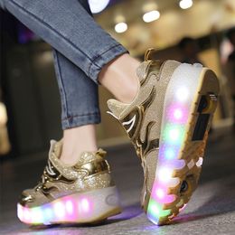 Roller Sneakers 2 Wheels Children Girls Boys Kids Women 2021 Sports Casual Fashion Boots Led Light Flashing Golden Skates Shoes