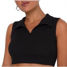 Active Shirts Ladies Summer Sexy Knitted Camisole Girls Temperament Creative Lapel Solid Color Midriff-baring Sleeveless Slim Crop Top