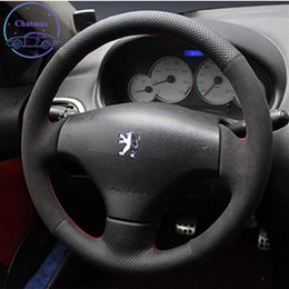 DIY Private Custom Car Steering Wheel Cover For Peugeot 206 2005-2018 Hand Sewing Black Suede Leather Holder Decoration304Y