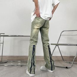 Men's Jeans Hip Hop Vinatge Back Zip Up Mens Flared Yellow Mud Dyed Distressed Wide Pants Slim Fitting Overall Trousers