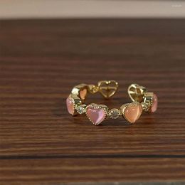 Cluster Rings Open Adjustable Ring Glass Pink Opal Heart 14K Plated For Women