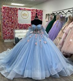 Sky Blue Gillter Tulle Princess Quinceanera Dresses with Long Sleeve Sweetheart 3D Floral Corset Vestidos quinceaNera modernos