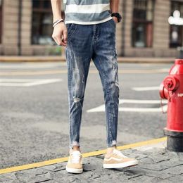 Summer Jeans Men's Fashion Casual Slim Trousers Solid Color Hole Denim Ankle Length Pants 210318 L230726