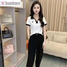 Women's Two Piece Pants Set 2023 Summer Korean Polo Collar Love Short Sleeve T-shirt High Waist Drape Casual Two-piece Pullover