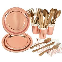 Other Event Party Supplies Rose Gold Disposable Tableware Set Paper Plate Cup Kids Adult Birthday Wedding Bachelorette Party Table Decoration Baby Shower 230725