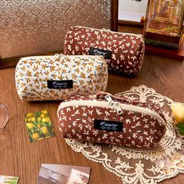 Cosmetic Bags Floral Corduroy Bag For Women Girl Zipper Brush Makeup Pouchs Student Vintage Style Pencil Case Storage