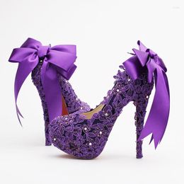Dress Shoes Fashion Handmade Fower High Heel Rhinestone Bridal Purple Lace Wedding Elegant Platform Crystal Women Pumps