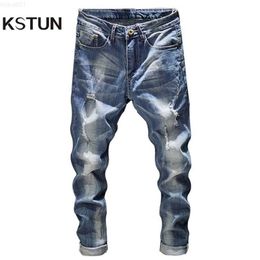 Men's Ripped Men Slim Fit Light Blue Stretch Fashion Streetwear Frayed Hip Hop Distressed Casual Denim Jeans Pants Male Trousers 210318 L230726