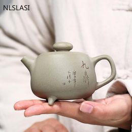 Embossing Chinese Yixing Authentic Tea Pot Handmade Purple Clay Teapot Raw Ore Green Bean Mud Kettle Tea Ceremony Customized Gifts 200ml