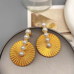 Stud Earrings French Retro Fan Shape Inlaid Pearl Studs For Women Fashion Exquisite Plating 18k Gold Jewellery Wholesale