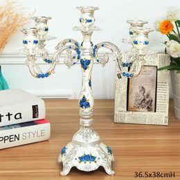 Candle Holders European Shiny Silver Plating With White Blue Enameled Rose Flower Design Zinc Alloy Tabletop Four Normal 1 Main