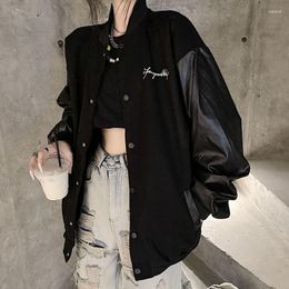 Women's Jackets Deeptown Leather Bomber Jacket Women Black Baseball Korean Fashion Streetwear Oversized Gothic Female Loose Vintage Coat