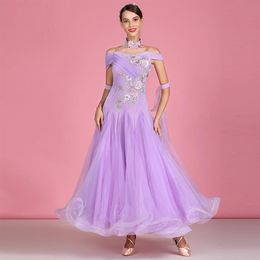 purple ballroom dance dresses women waltz dance costumes stage clothes for dancing dance wear short sleeves long dress fringe danc271E