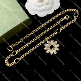 Pearl Diamond Flower Pendant Necklaces Women Double Letter Necklace Gold Thick Chain Necklace With Box