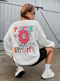 Women's Hoodies Positive Vitality Flower Print Womens Pullovers Personality All-math Hip Hop Long Sleeves Retro Trend Sweatshirts Woman