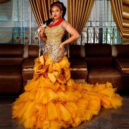 Gold Mermaid Aso Ebi Evening Dresses O Neck Short Sleeve Tulle Ruffles Tiered Special Occasion Gown Sequin Appliques Prom Gowns228S
